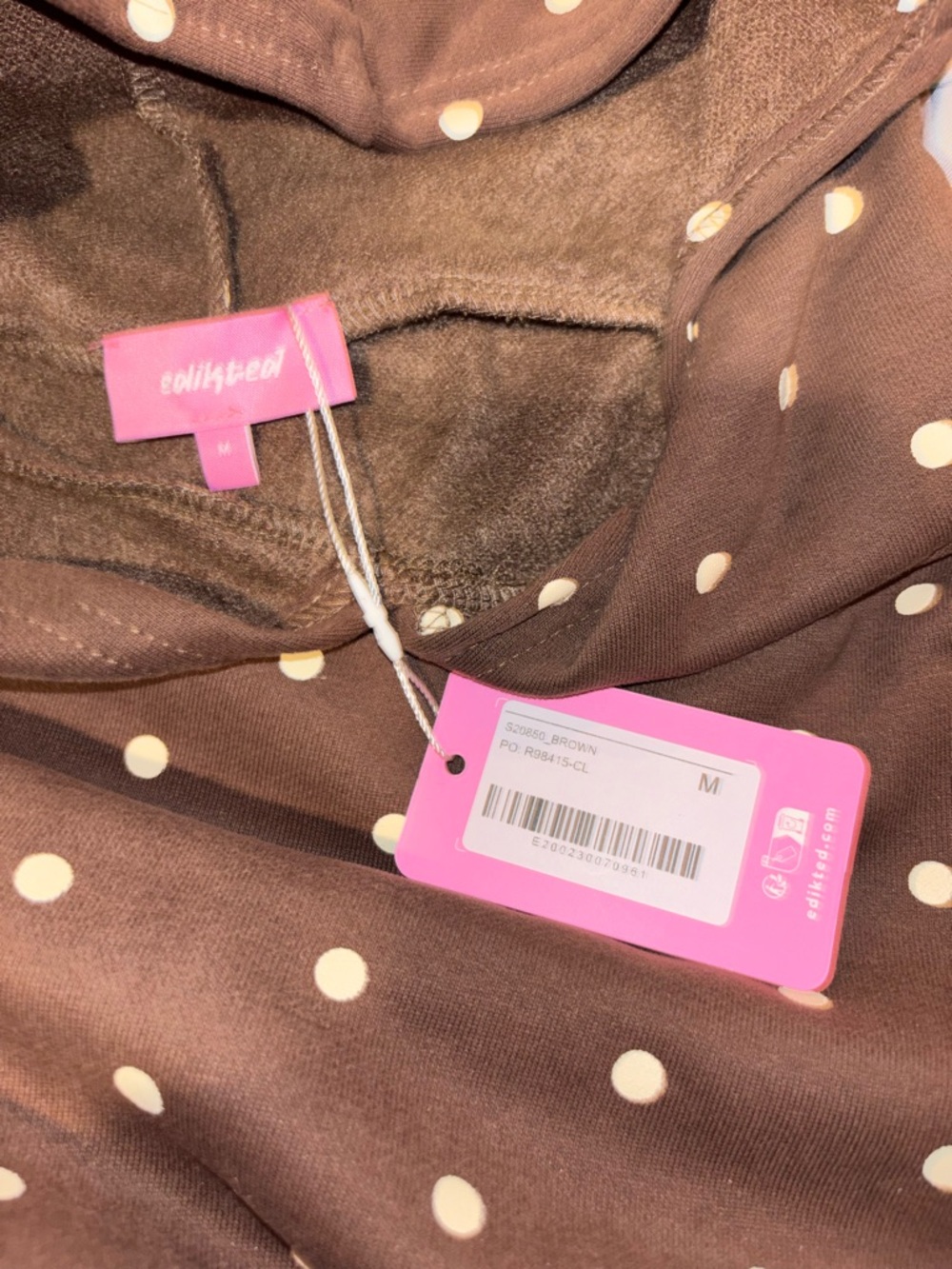 Edikted Brown Polka Dot Hoodie Medium Y2K Coquette Bow Graphic Oversized Cozy - Picture 3 of 7